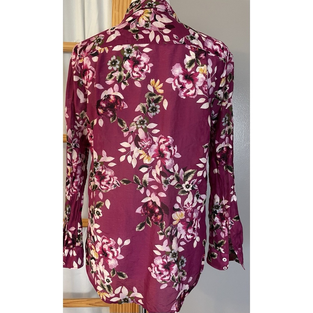 WHBM Silk Blend Floral Blouse Womens Sz 4 Pink Purple Button Up Cottagecore Boho - Picture 4 of 13